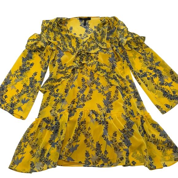 BCBGMaxAzria Dress Womens X Small Marigold Yellow Blue Floral Cold Shoulder Mini - Picture 2 of 12